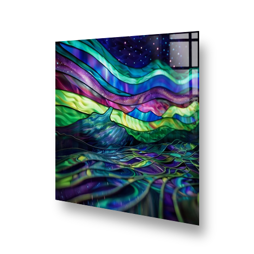 Stained glass art style northern lights kitchen splashback over hob Side View